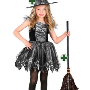 Karneval-Klamotten Hexen-Kostüm schwarz silber Hexenkleid mit Hexenhut Hexenbesen, Kinderkostüm Mädchenkostüm Halloween Kleid, Hut und Hexenbesen