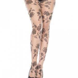 Beige Strumpfhose mit schwarzen Rosen