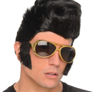 Rock and Roll Perücke Herren schwarz mit Brille gold