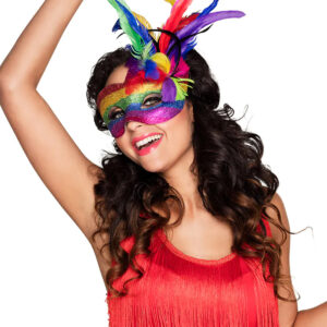 Venezianische Augenmaske mit Federn Regenbogen für Erwachsene bunt