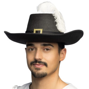 Mittelalter Musketier Hut mit Feder für Erwachsene schwarz-weiß