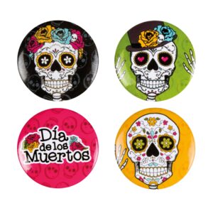 Tag der Toten Plaketten Halloween Buttons 4 Stück bunt 3cm