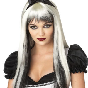 Halloween Langhaar Perücke mit Strähnen weiß-schwarz