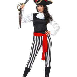 Gestreiftes Piraten-Damenkostüm schwarz-weiss-rot