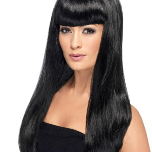 Langhaar-Perücke glatt mit Pony schwarz