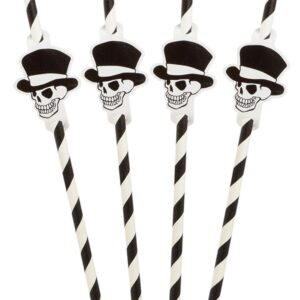 Halloween Strohhalme mit Totenkopfdetail 8 Stück schwarz-weiß 20 cm