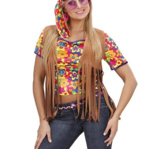 Hippie Damen-Weste mit Fransen und Haarband braun-bunt