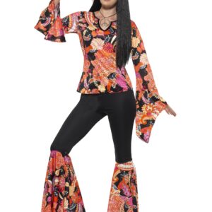 70er-Jahre Flower-Power Damenkostüm Hippie schwarz-orange-rot