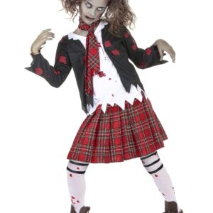 Zombie-Schülerin Halloween-Mädchenkostüm schwarz-weiss-rot