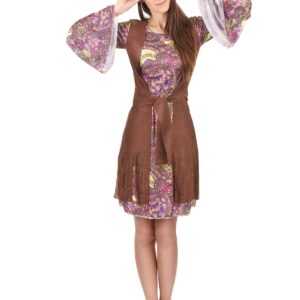 Hippie-Damenkostüm mit Fransenweste braun-bunt