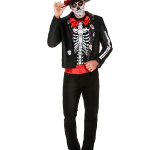 Skelett Herrenkostüm Dia de los Muertos rot-schwarz-weiss