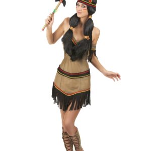 Indianerinnenkostüm Squaw-Verkleidung mit Fransen beige-schwarz-rot