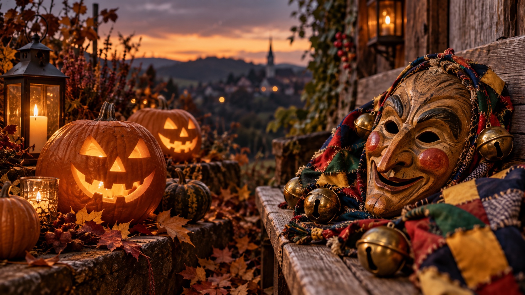 Kürbislaternen und traditionelle Fasnetmaske im Vergleich